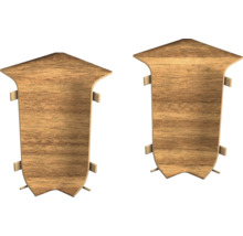 Deux étagères d'angle en bois de forme individuelle avec éléments de fixation pour montage mural.