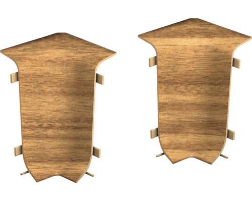 Zwei Eckregalböden aus Holz in individueller Form mit Befestigungselementen zur Wandmontage.