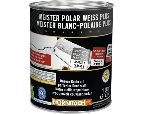 Meister Polar Weiss Plus Wandfarbe, hochdeckende Innenfarbe in 1 Liter Dose, Deckkraft Klasse 1, scheuerbeständig, Blauer Engel zertifiziert.