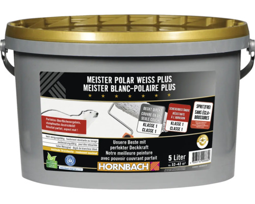 Eimer mit Meister Polar Weiss Plus Innenfarbe 5 Liter für deckenden Anstrich, hohe Reinigungsfähigkeit und Scheuerbeständigkeit Klasse 1.