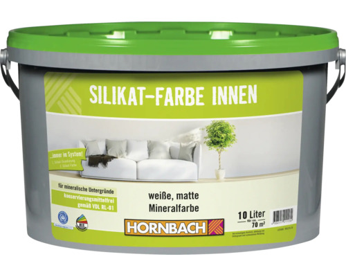 Peinture silicate HORNBACH pour intérieur, peinture murale minérale en seau de 10 litres, adaptée aux supports minéraux.