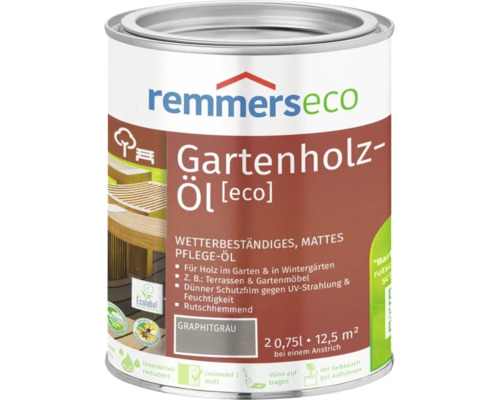 Bidon d'huile pour bois de jardin Remmers Eco en gris graphite, 0,75 litre, huile d'entretien résistante aux intempéries et antidérapante.