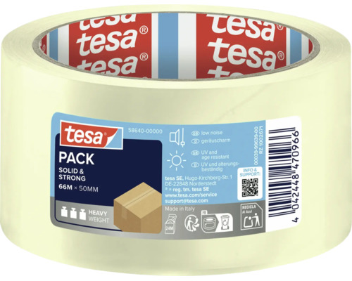 Eine Rolle tesa Pack Solid and Strong Klebeband, 66 Meter mal 50 Millimeter, geräuscharm und UV-beständig für schwere Pakete.
