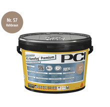 Mortier de jointoiement flexible PCI Nanofug Premium couleur brun faon en seau pour carrelages et pierre naturelle.
