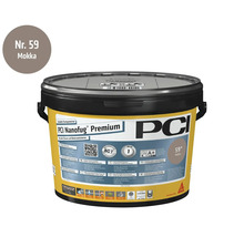 Mortier de jointoiement flexible PCI Nanofug Premium, teinte Moka, pour tous types de carrelages et pierres naturelles en seau.
