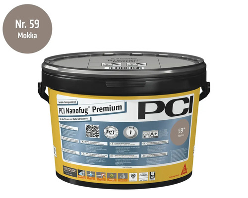 Mortier de jointoiement flexible PCI Nanofug Premium, teinte Moka, pour tous types de carrelages et pierres naturelles en seau.