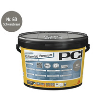 Mortier de jointoiement flexible PCI Nanofug Premium numéro 60 noir brun en seau pour carrelages et pierres naturelles.