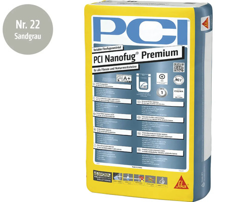 Mortier de jointoiement flexible PCI Nanofug Premium en gris sable pour carrelages et pierres naturelles sac de 15 kilogrammes avec logo Sika