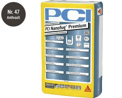 Mortier de jointoiement flexible PCI Nanofug Premium pour carrelages et pierres naturelles, anthracite, sac de 15 kilogrammes.