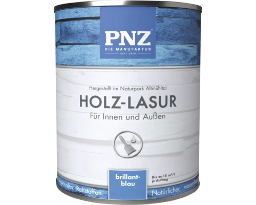 Lasure pour bois PNZ bleu brillant pour intérieur et extérieur, bidon de 1 litre pour protection du bois à base d'eau