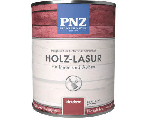 Boîte de lasure bois PNZ cerise pour intérieur et extérieur, à base d eau et fabriquée à partir de matières premières régionales.