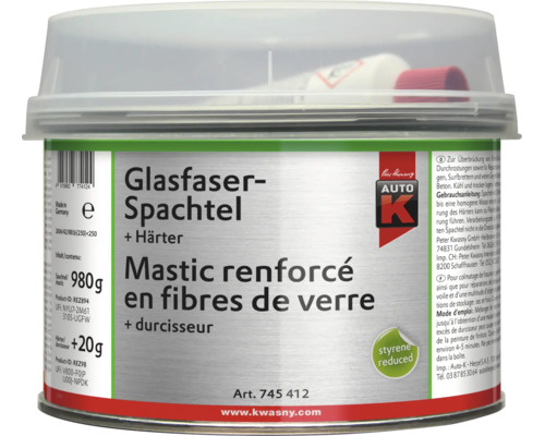 Auto-K Glasfaserspachtel mit Härter, 1000 Gramm Dose für Reparaturen an Metall und Kunststoff.