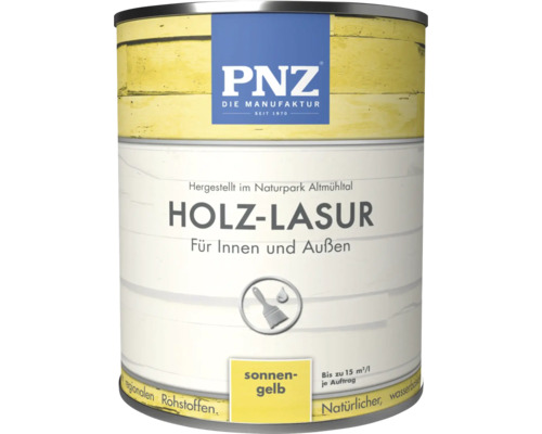 Boîte de lasure pour bois PNZ pour intérieur et extérieur en jaune soleil avec un rendement de 15 mètres carrés par litre.