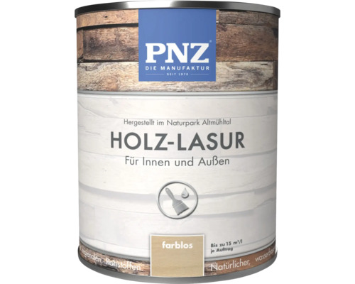 Lasure pour bois PNZ pour intérieur et extérieur, incolore, à base d'eau, en pot.