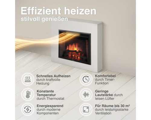 Elektrischer Wandkamin mit realistischer Flammenoptik und Heizfunktion für Räume bis zu 30 Quadratmeter mit verschiedenen Komfortfunktionen.