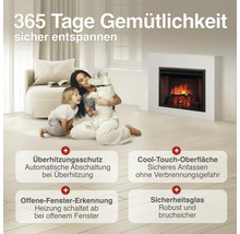 Elektrokamin mit Sicherheitsfunktionen wie Überhitzungsschutz, Cool Touch Oberfläche, Offene Fenster Erkennung und Sicherheitsglas in einem Wohnraum.