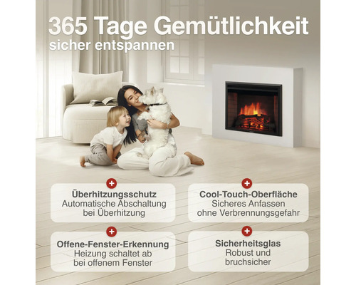 Elektrokamin mit Sicherheitsfunktionen wie Überhitzungsschutz, Cool Touch Oberfläche, Offene Fenster Erkennung und Sicherheitsglas in einem Wohnraum.