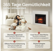 Elektrischer Kamin mit Flammeneffekt, Sicherheitsfunktionen wie Überhitzungsschutz, Cool Touch Oberfläche, Fenster offen Erkennung und Sicherheitsglas