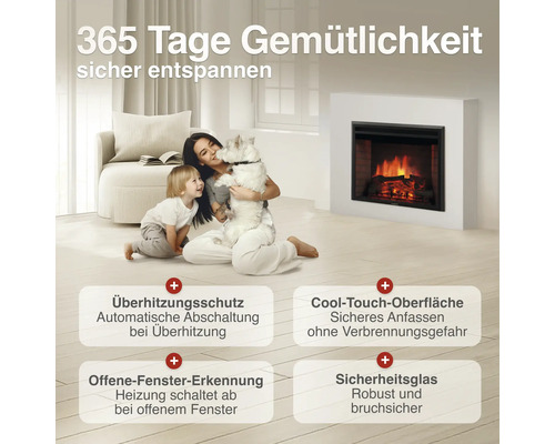 Elektrischer Kamin mit Flammeneffekt, Sicherheitsfunktionen wie Überhitzungsschutz, Cool Touch Oberfläche, Fenster offen Erkennung und Sicherheitsglas