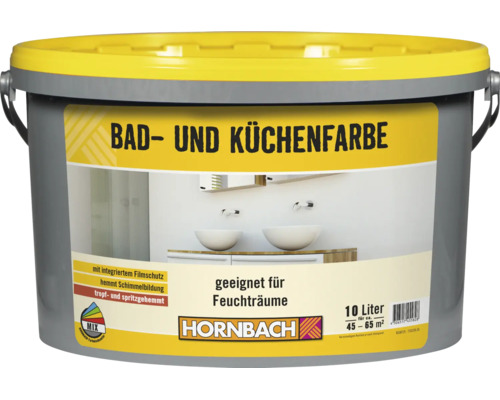 HORNBACH Bad- und Küchenfarbe in einem 10 Liter Eimer, geeignet für Feuchträume, mit Schimmelschutz und tropfgehemmter Formel.