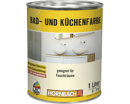 Eine Dose Hornbach Bad- und Küchenfarbe mit 1 Liter Inhalt für feuchte Räume inklusive Schimmelschutz.