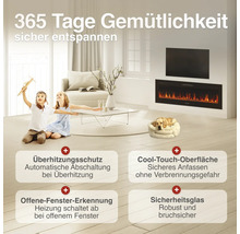 Wohnzimmer mit elektrischem Wandkamin, integriert in eine Wand unter einem Fernseher, mit Hinweisen zu Sicherheitsfunktionen.