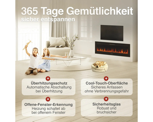 Wohnzimmer mit elektrischem Wandkamin, integriert in eine Wand unter einem Fernseher, mit Hinweisen zu Sicherheitsfunktionen.