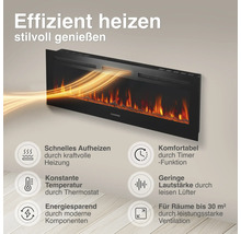 Elektrischer Wandkamin mit Flammeneffekt, Timer, Thermostat und leisen Lüftern für Räume bis zu 30 Quadratmeter.