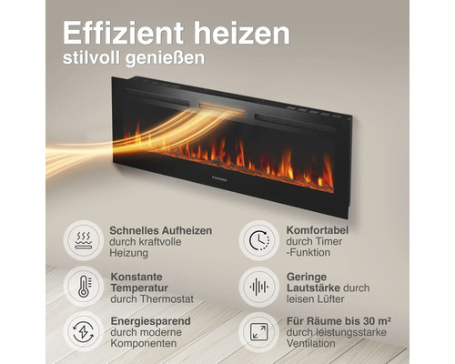 Elektrischer Wandkamin mit Flammeneffekt, Timer, Thermostat und leisen Lüftern für Räume bis zu 30 Quadratmeter.