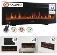 Cheminée électrique Kaminio Marlon à fixer au mur, à encastrer ou sur pied avec télécommande, effet flamme 3D et fonction chauffage commutable.