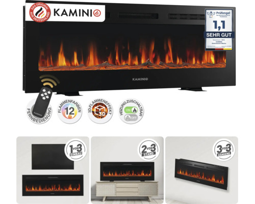 Cheminée électrique Kaminio Marlon à fixer au mur, à encastrer ou sur pied avec télécommande, effet flamme 3D et fonction chauffage commutable.