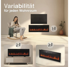 Elektrokamin mit drei Montageoptionen als Einbau, Standkamin oder Wandmontage in einem Wohnraum mit einer Frau auf einem Schaukelstuhl.
