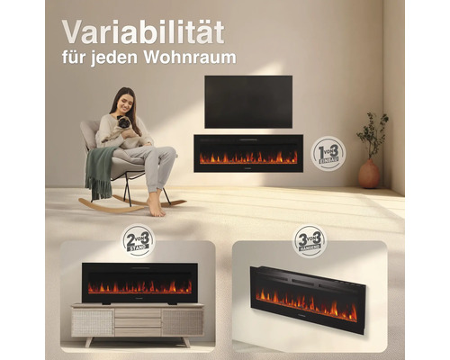 Elektrokamin mit drei Montageoptionen als Einbau, Standkamin oder Wandmontage in einem Wohnraum mit einer Frau auf einem Schaukelstuhl.