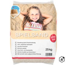 Sac de 25 kilogrammes de sable de jeu fin en sable de quartz naturel, séché au feu et tamisé plusieurs fois pour le bac à sable. (Image AI modified or generated)