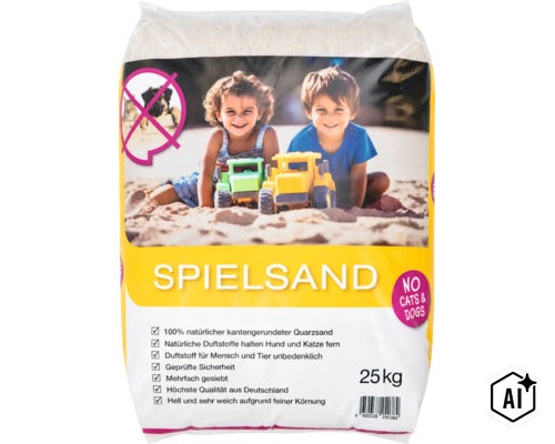 Sac de 25 kilogrammes de sable de jeu en sable de quartz naturel pour bacs à sable, grain arrondi, protège contre la pollution par les animaux. (Image AI modified or generated)