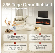"Wohnzimmer mit elektrischem Wandkamin, spielenden Kindern und Hund