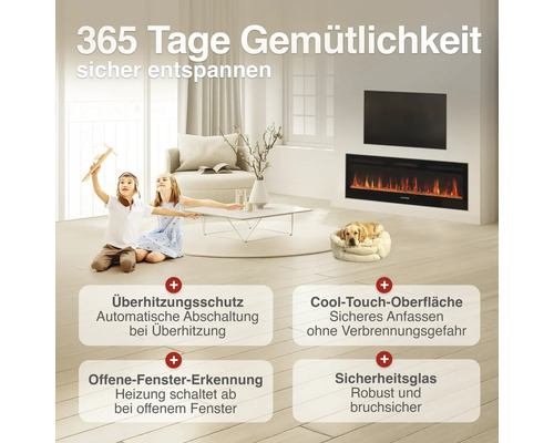 "Wohnzimmer mit elektrischem Wandkamin, spielenden Kindern und Hund