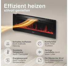 Elektrischer Wandkamin mit Flammeneffekt und Leistungsmerkmalen wie Timer, Thermostat und leisen Lüftern für Räume bis 30 Quadratmeter.