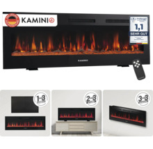 Cheminée électrique murale Kamini avec effet flamme, télécommande et trois options de montage : encastrable, sur pied ou murale.
