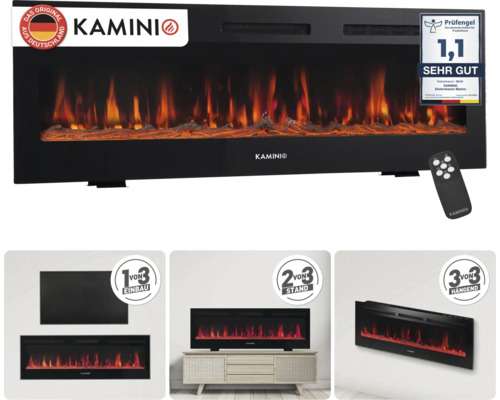 Cheminée électrique murale Kamini avec effet flamme, télécommande et trois options de montage : encastrable, sur pied ou murale.