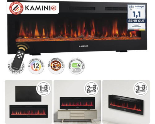 Cheminée électrique murale Kaminio avec effet flamme 3D, 12 couleurs de flammes, chauffage commutable, télécommande et trois modes de montage.