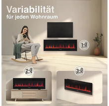 Ein elektrischer Wandkamin montiert unter einem Fernseher in einem Wohnraum, sowie als Stand- und Wandgerät dargestellt für hohe Flexibilität.