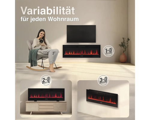 Ein elektrischer Wandkamin montiert unter einem Fernseher in einem Wohnraum, sowie als Stand- und Wandgerät dargestellt für hohe Flexibilität.