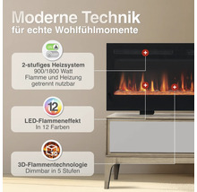 Elektrischer Wandkamin mit 2-stufigem Heizsystem, LED-Flammeneffekt in 12 Farben und 3D-Flammentechnologie in 5 Dimmstufen.