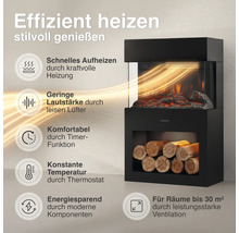Elektrischer Kamin mit Holzfach und Infografik zu Heizleistung, leiser Lüftung, Timer, Thermostat, Energieeffizienz und Raumgröße.