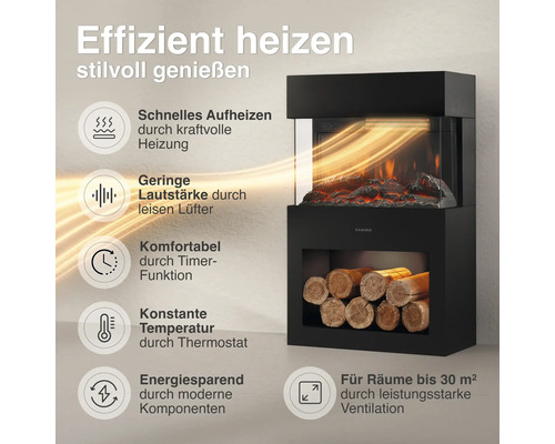 Elektrischer Kamin mit Holzfach und Infografik zu Heizleistung, leiser Lüftung, Timer, Thermostat, Energieeffizienz und Raumgröße.