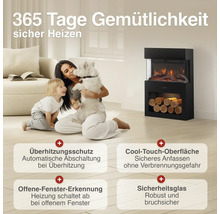 Elektrischer Kamin in modernem Wohnzimmer mit Kind und Hund, sicher durch Überhitzungsschutz, Cool-Touch-Oberfläche und Offene-Fenster-Erkennung.