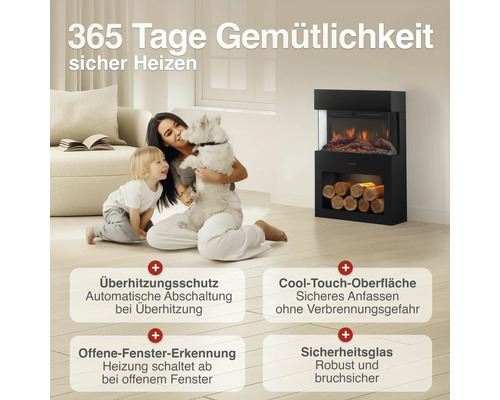 Elektrischer Kamin in modernem Wohnzimmer mit Kind und Hund, sicher durch Überhitzungsschutz, Cool-Touch-Oberfläche und Offene-Fenster-Erkennung.