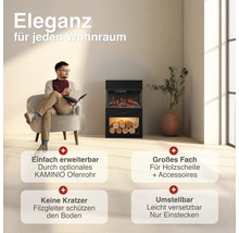 Elektrischer Kamin in einem Wohnraum mit einem sitzenden Mann, inklusive Infoboxen zu Erweiterbarkeit, Holzfach, Bodenschutz und Mobilität.