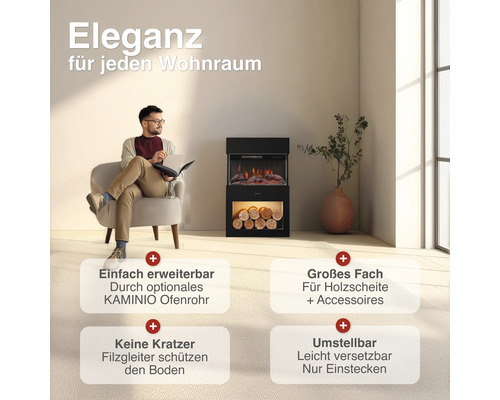 Elektrischer Kamin in einem Wohnraum mit einem sitzenden Mann, inklusive Infoboxen zu Erweiterbarkeit, Holzfach, Bodenschutz und Mobilität.